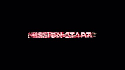 Mission Start Glitch Text Animation Overlay with Distorted Digital Screen Effect and Dynamic RGB Color Noise - Powered by Adobe