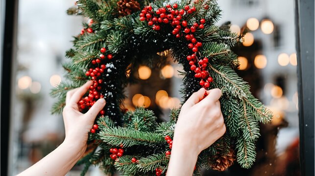 Close-up of hands holding Christmas wreath with red berries and pine branches. Festive holiday decoration on glass door