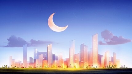 A stylized cityscape with glowing buildings under a twilight sky featuring a crescent moon, clouds, and stars.