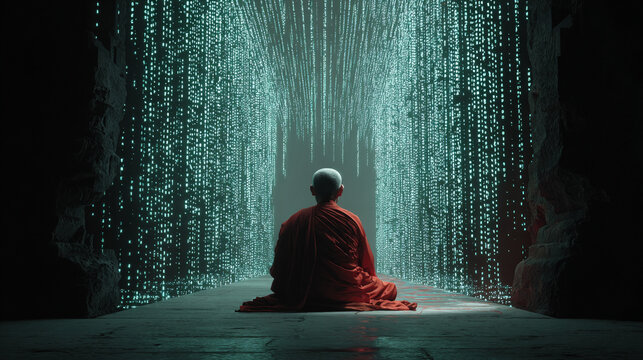 Back view of a monk meditating within flowing data streams, blending spirituality and technology as luminous digital currents surround a calm, centered figure in serene stillness.