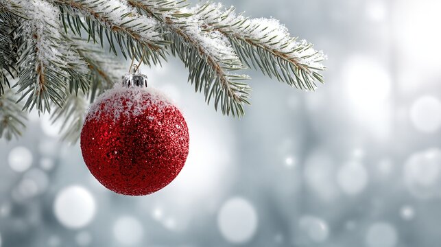 Sparkling red bauble covered with snow hanging from frosty pine branch. Elegant Christmas background with blurred silver lights