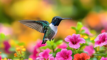Fototapeta premium Colorful hummingbird in a garden of flowers