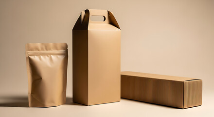 A versatile set of eco-friendly brown kraft paper packaging, including a doypack pouch and cardboard boxes, for product branding mockups