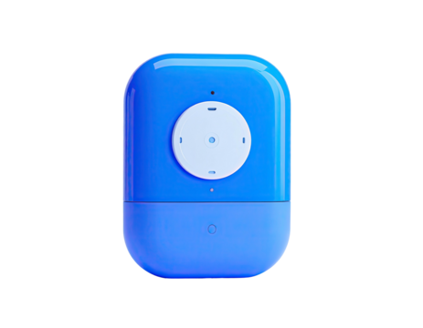 Blue two-tone gadget, white circle button, against black background