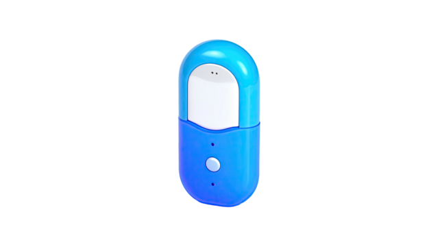 Blue capsule object with white inset; rounded shape, minimalistic