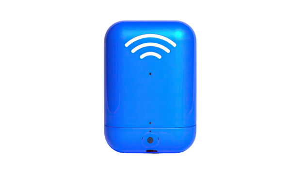 Blue rounded rectangle with wifi symbol, against a black background - Powered by Adobe