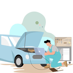 Flat vector illustration of a car mechanic using a diagnostic laptop on a car with an open hood. Modern flat design with a clean pastel color scheme, ideal for automotive diagnostics technology