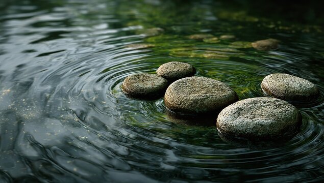 Stones in water creating ripples with a green background in a zen like peaceful setting scene