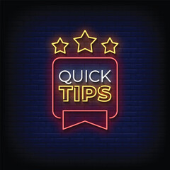 quick tips neon signboard with brick wall background vector