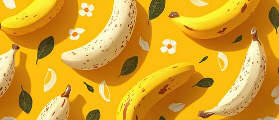 Bananas, leaves, flowers on a yellow background pattern
