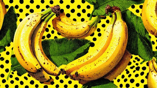 Bananas with polka dot background and green leaves