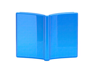 Open, glossy, solid blue book, facing forward on black backdrop