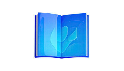 Open, bright-blue book with abstract, translucent flower design
