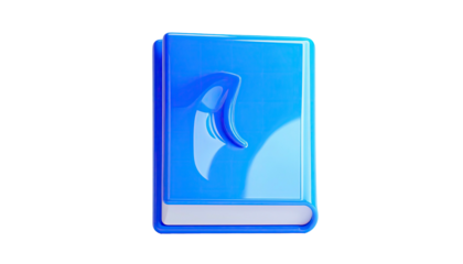 Glossy blue book icon with stylized feather quill design