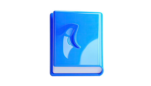 Glossy blue book icon with stylized feather quill design