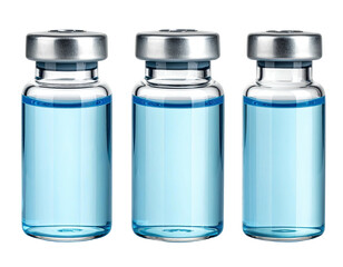 Three clear vials filled with light blue liquid, chrome lids