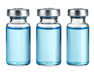 Three clear vials filled with light blue liquid, chrome lids