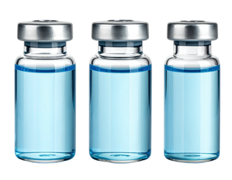 Three clear vials filled with light blue liquid, chrome lids