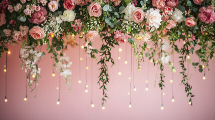 Floral arrangement with pink and white roses, green leaves, and hanging lights creates romantic and elegant atmosphere against soft blush pink backdrop