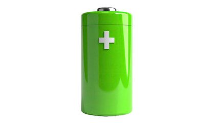 Glossy green battery with silver plus, isolated on black ground