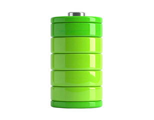 Charged green battery, segmented, glossy. Isolated on black