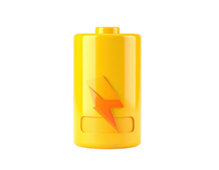 Yellow battery icon with orange lightning bolt on a black background
