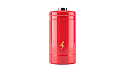 Red cylindrical battery with golden lightning bolt on black