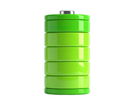 Charged green battery, segmented, glossy. Isolated on black