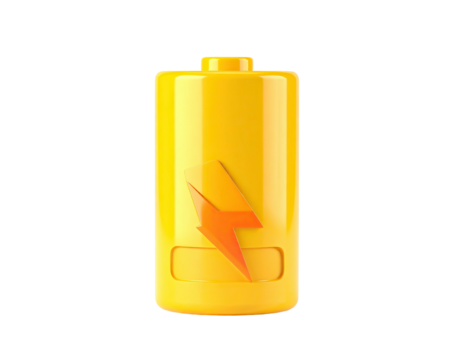Yellow battery icon with orange lightning bolt on a black background