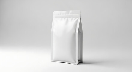 Blank white stand-up pouch mockup with zipper closure for food or beverage packaging design presentation on light background