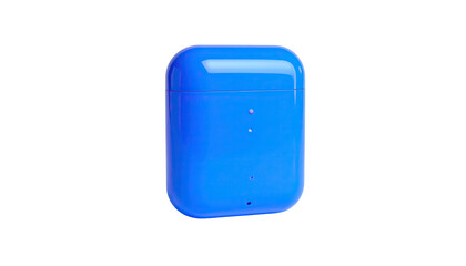 Glossy, bright blue rectangular earbuds charging case on black