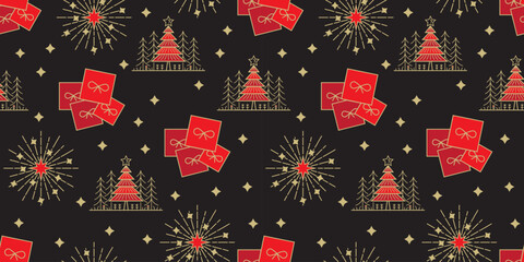Golden hand drawn christmas doodle pattern on black background