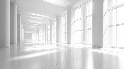 Fototapeta premium Bright white office space with minimalistic design featuring large windows and columns, creating airy and spacious atmosphere filled with natural light and soft shadows