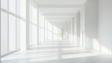 Obraz premium Bright white office space with minimalistic design featuring large windows and single potted plant, creating calm and airy atmosphere with natural light and shadows