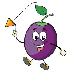 Happy Cartoon Plum Character With a Kite Vector Illustration Image