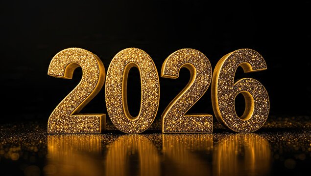 Golden, glittering numbers "2026" stand against a dark background, conveying a celebratory and festive tone. The surface reflects the sparkling texture generative ai