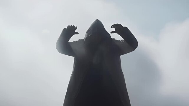 Mysterious hooded figure in the mist rising ominously with hands outstretched in surreal ethereal ambiance