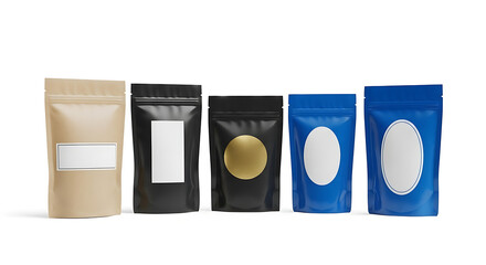 Various Stand-Up Pouches in Different Colors and Styles Isolated on a White Background