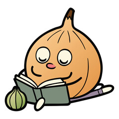 Happy Cartoon Onion Character Reading a Book Vector Illustration Art