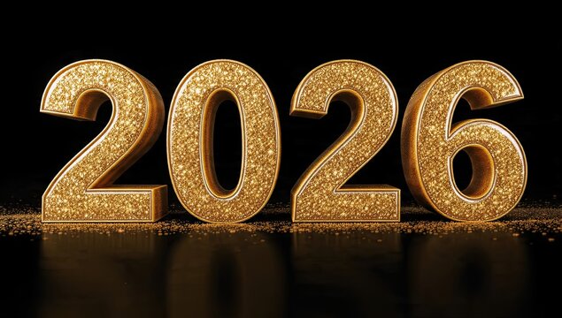 Gold glittering numbers "2026" on a black background convey a celebratory and festive tone, symbolizing the upcoming year with elegance and anticipation generative ai