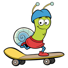 Cartoon Snail Character on Skateboard Smiling and Wearing a Blue Hat Having Fun