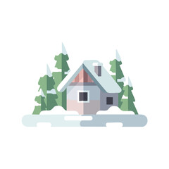 Icy Cabin Pine Forest Minimalist Flat Vector Illustration Snowy House