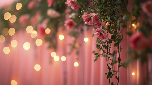 Dreamy pink wedding backdrop with intertwined floral arrangement and soft glowing bokeh lights creating romantic and elegant atmosphere for celebration