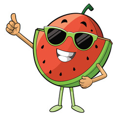 Cool watermelon cartoon character giving thumbs up wearing sunglasses and smiling