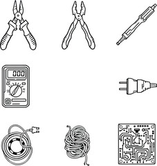 Electrical tools and components in black and white line drawing style arranged in a grid pattern