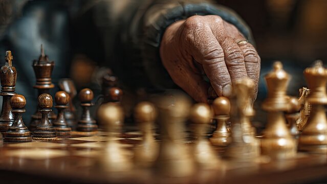 A close-up of a hand moving a wooden chess piece on a board. The focus is on the hand, conveying concentration and strategy in a warm, contemplative setting generative ai