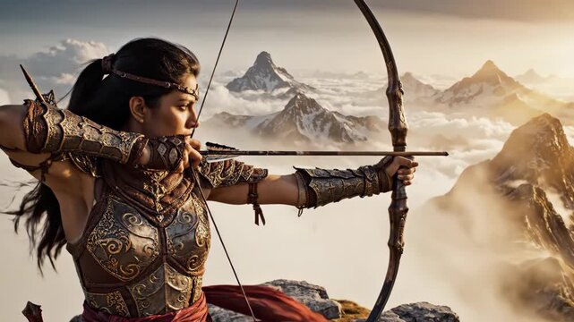 Woman aims bow and arrow amidst mountain peaks and clouds at sunset