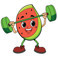 Strong watermelon cartoon character lifting barbell with big smile on its face