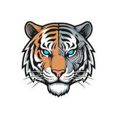 Kepala harimau vektor potret margasatwa liar dengan garis-garis hitam dan mata tajam untuk ilustrasi kucing besar berbahaya