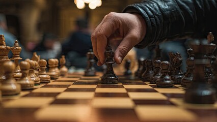 A hand in a black sleeve moves a black king on a wooden chessboard. Focused atmosphere, blurred audience in background, suggesting a tense match generative ai